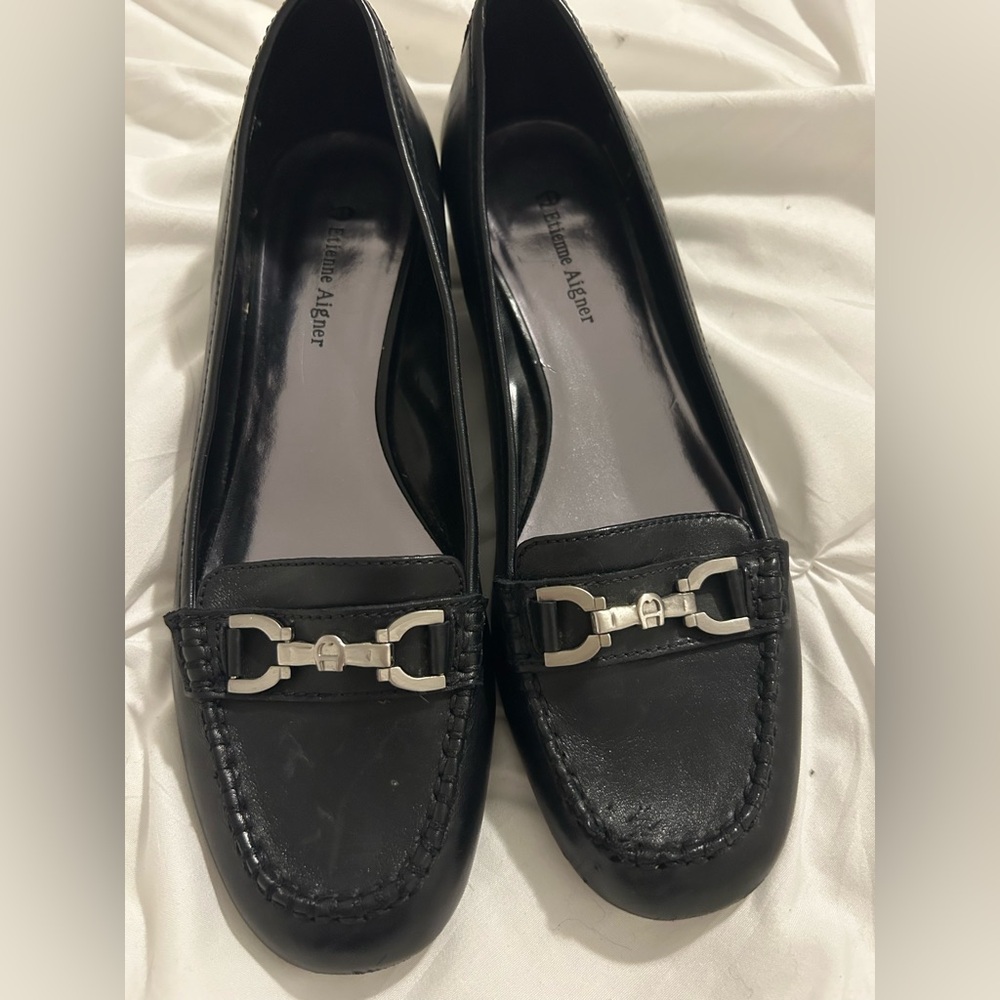Etienne Aigner Black Leather Loafers with Silver Accents